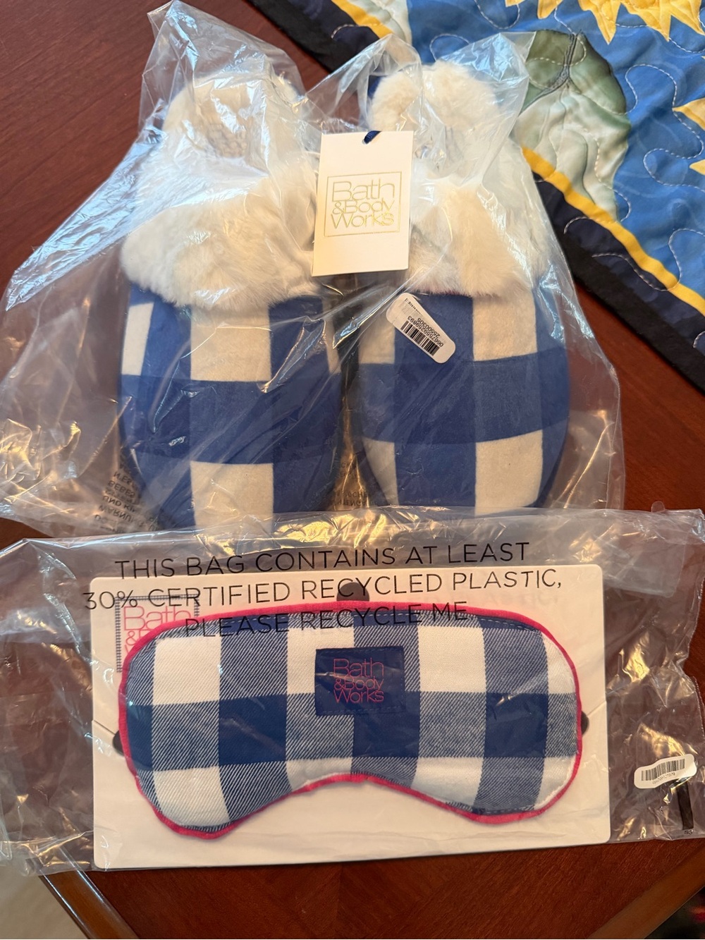 Bath & Body Works Blue and White Buffalo Check Slippers with Matching Eye Mask